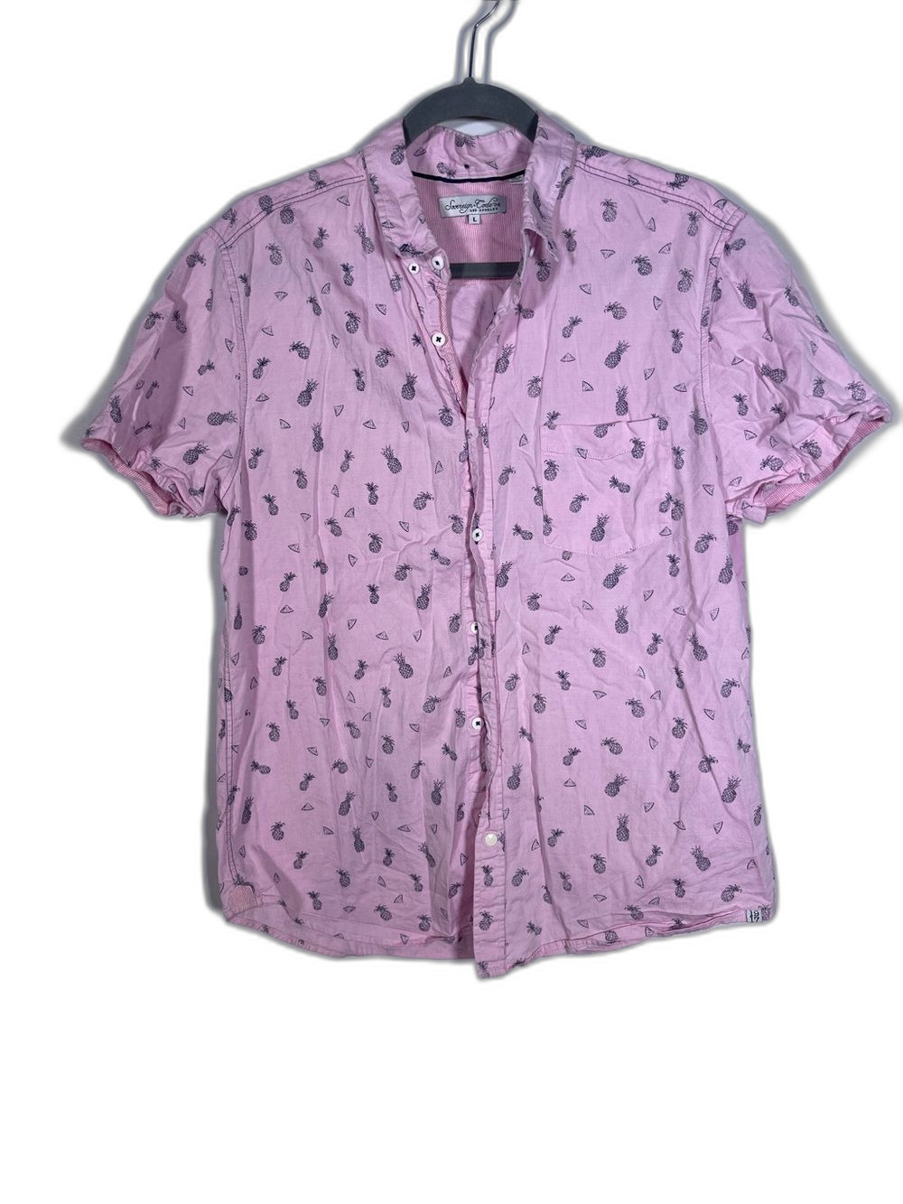 SOVEREIGN CODE MENS SHORT SLEEVE PINK BUTTON DOWN SHIRT FRUITY TROPICAL LARGE